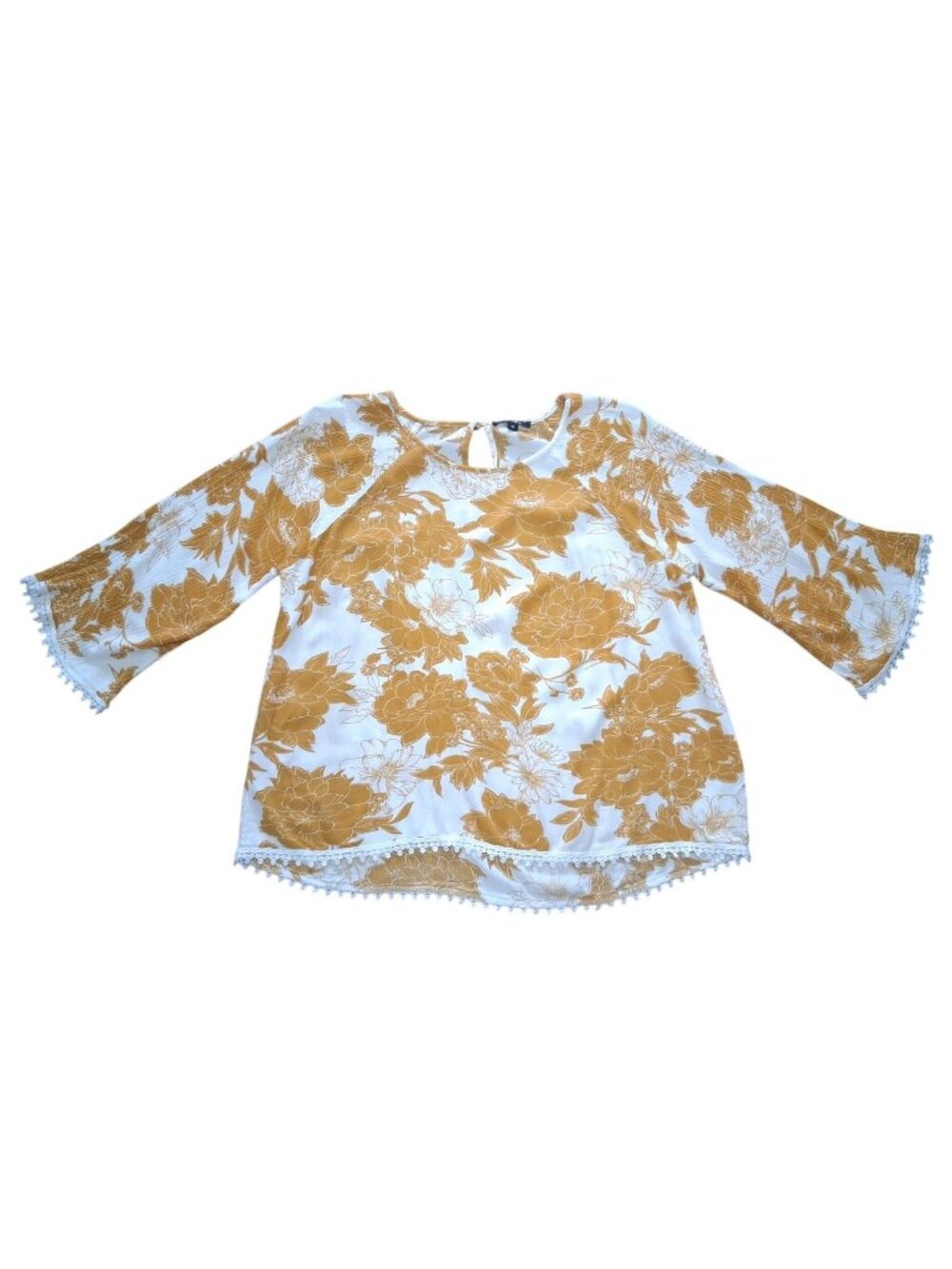 Papermoon Bell Sleeve Blouse Crochet Trim Floral Top XL Mustard White